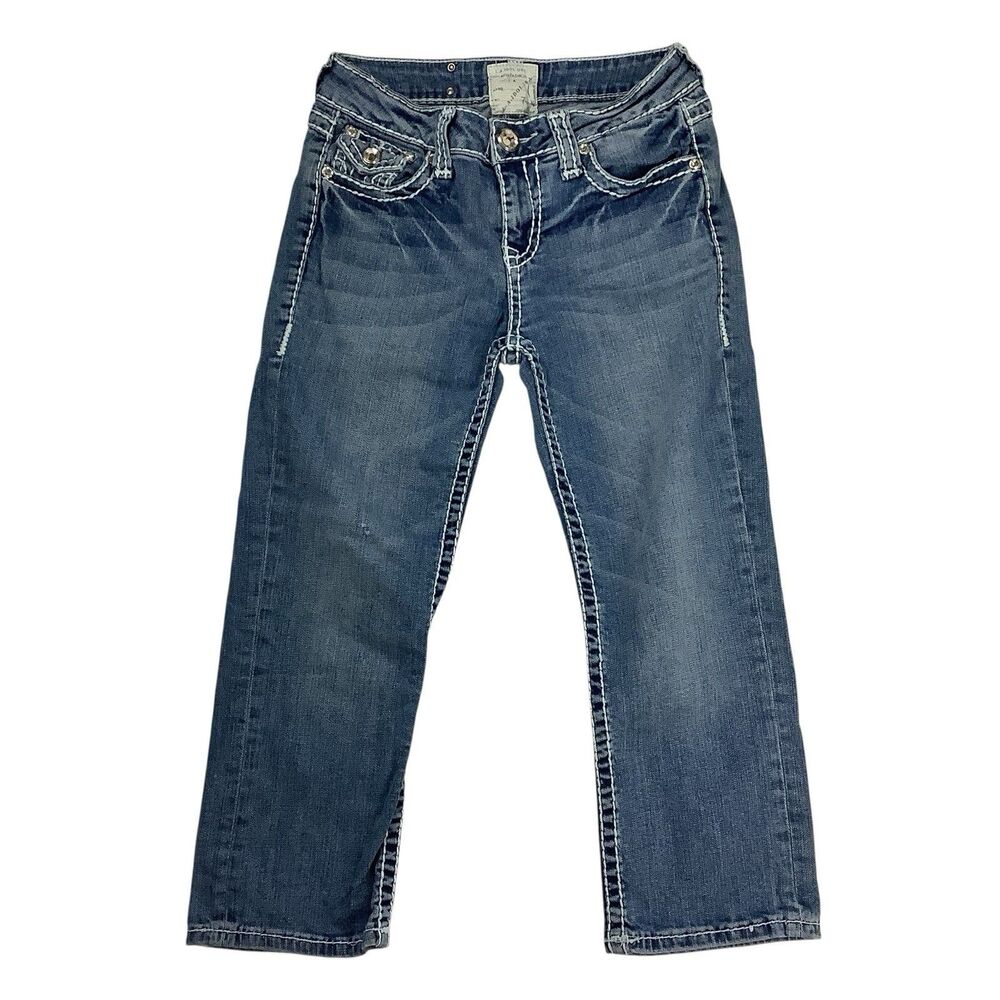 LA Idol Capri Crop Jeans Juniors Size 7 26X20 Rhinestones Light Blue Denim Bling